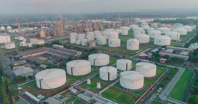 Drone shot of storage depot tanks of major oil refinery in central Java, Indonesia