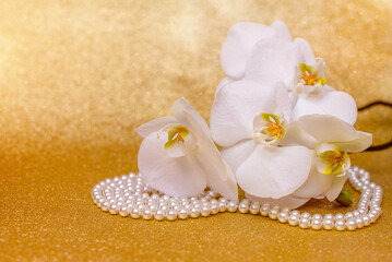 Fototapeta na wymiar white Orchid and pearl necklace on a shiny gold background 