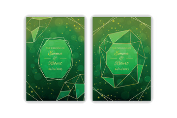 Crystal celebrate, wedding rustic invitation. Holiday life posters, sophisticated marriage party. Green emerald and gold colors. Golden lines. Quartz minerals. Vector garish invite template