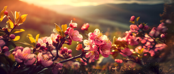 Obraz na płótnie Canvas ultra widesceen desktop background of a bunch of spring flowers on a branch