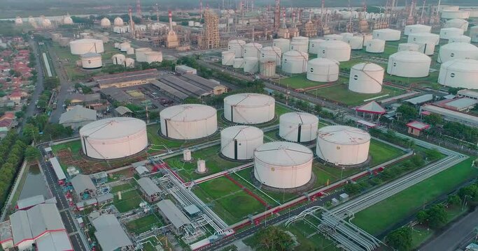 Drone shot of storage depot tanks of major oil refinery in central Java, Indonesia