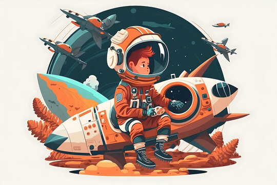  Flat vector illustration Little boy is playing with a spaceship. Astronaut kids. 