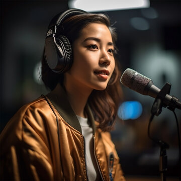 Asian Woman Wearing Headphones In Front Of A Microphone - AI-Generated