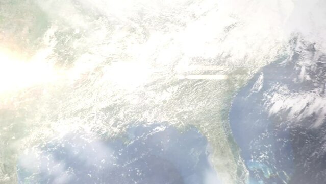 Earth zoom in from outer space to city. Zooming on Prattville, Alabama, USA. The animation continues by zoom out through clouds and atmosphere into space. Images from NASA