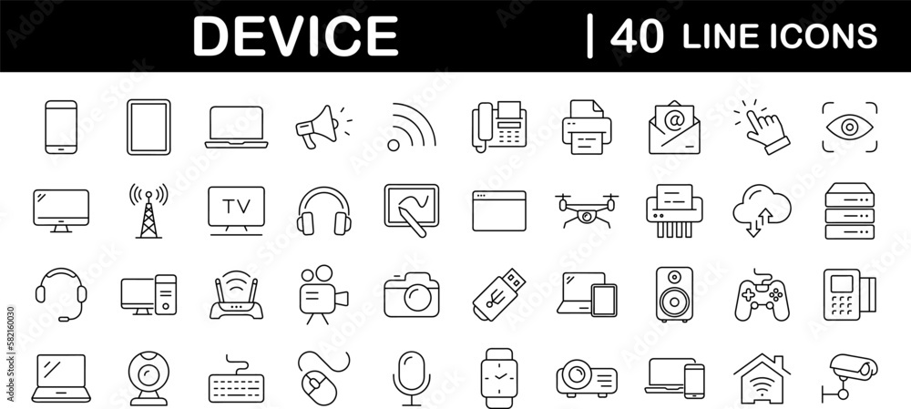 Aufkleber Devices set of web icons in line style. Electronic devices and gadgets icons for web and mobile app. Smart devices, technology, computer monitor, smartphone, tablet, laptop, drone. Vector illustration