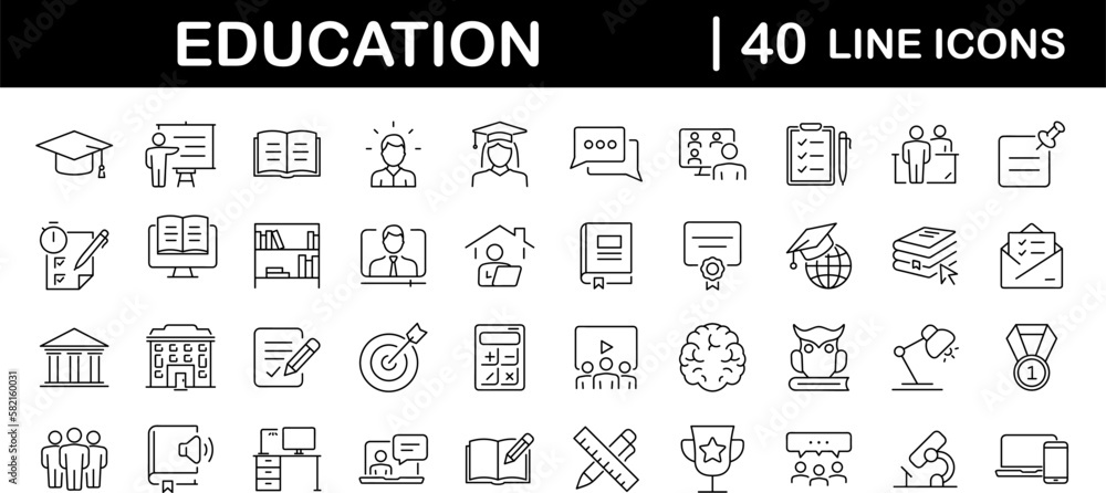Poster education set of web icons in line style. learning icons for web and mobile app. e-learning, video t