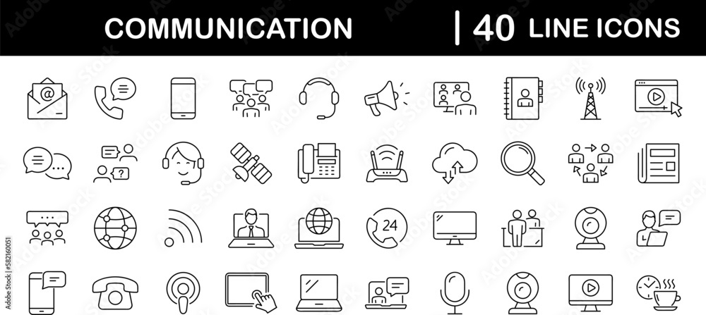 Poster communication set of web icons in line style. speaking signs for web and mobile app. contact us, dis