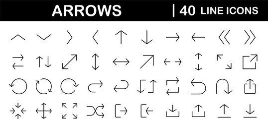 Arrows big black set of web icons in line style. Arrow collection signs for web and mobile app. Arrow icons with various directions. Cursor, UI, web graphics, apps. Vector illustration
