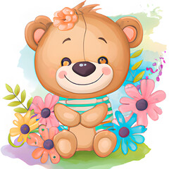 teddy bear with flower cartoon