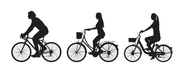 Man and woman cycling vector silhouette.