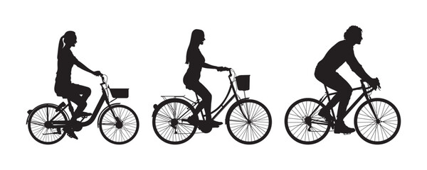 Boy and girls cycling side view vector silhouette.