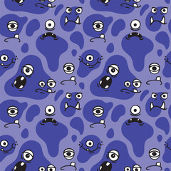 Cute monster pattern. Angry kids face. Child boy texture. Baby animal characters. Childish or comic fabric print design. Purple spots and happy aliens. Vector tidy seamless background