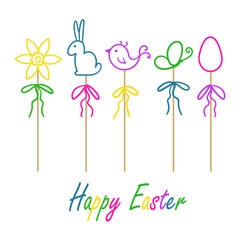Outline set with the easter bunny, egg, bird, butterfly, and flower on the stick as symbols of spring and Easter celebration