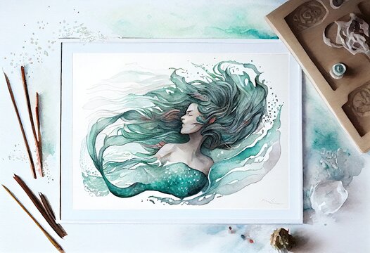 Watercolor Illustration of a Ethereal Mermaid Swimming Underneath The Turqoise Sea. , This Image Is Not Based On Any Original Image, Character Or Person. Generative AI