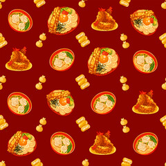 Chinese food seamless pattern. Hand drawn different types of asian food in wooden steamers repeating background. Tasty chinese food, delicious har gao, sticky rice, rolls.