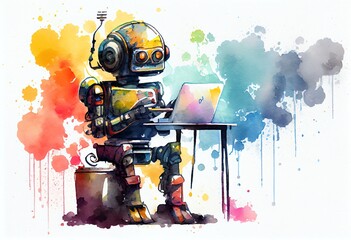 Watercolor Illustration of a System Artificial Intelligence, Technology Smart Robot Ai Chat Application Software , Robot Application Chatgpt. Generative AI