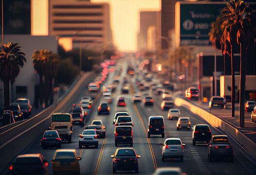 View of Los Angeles rush hour traffic. Created with Generative AI technology