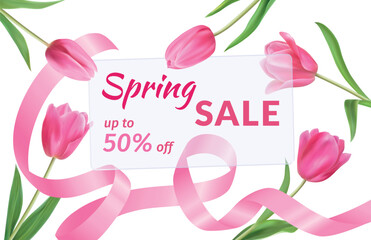 8 march border, realistic tulips. Eight day of spring, nature flowers and petals, sale paper and pink silk ribbon, girl gift. Discount offer. Vector neoteric web banner template background
