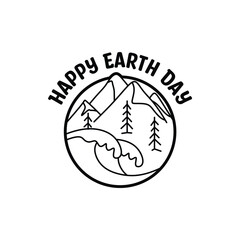 earth day logo, black and white line art, drawing of mountains, trees, sea, waves