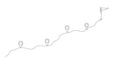 GPS navigation line track mark. One line map point location symbols with flag in end of route. Location pointer continuous line. Pins on way between points. Map pin line on white background. Vector © Volha