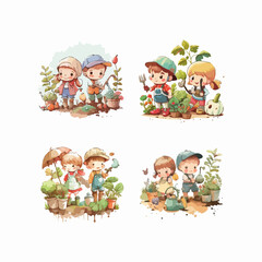 KIDS CARTOON PLAYING IN GARDEN PLANT FLOWER