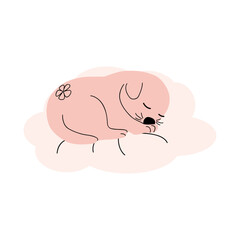 Cute sleeping puppy on the clouds. Gentle colors. For newborns