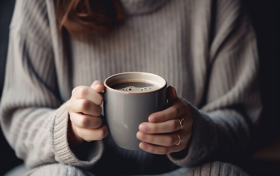 Close-up of hands holding a warm mug of coffee in a cozy sweater.
