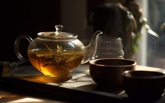 Glass teapot with herbal tea accompanied by cups on a wooden tray in sunlight.