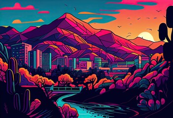 Beautiful colorful cityscape on the mountains. 