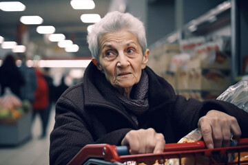Porträt einer alten Frau beim Einkaufen im Supermarkt - Generative AI - obrazy, fototapety, plakaty