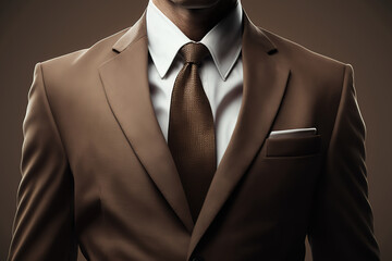 Close-up at gentleman is wearing brown color business suit uniform. Generative Ai image.