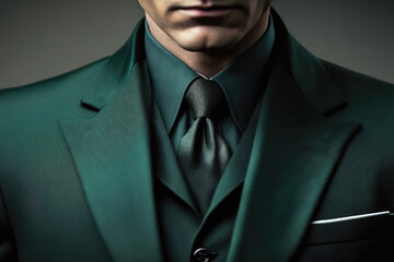 Close-up at gentleman is wearing deep green or emerald green color business suit uniform. Generative Ai image.