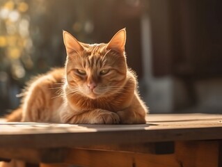A Relaxed Ginger Cat Waits on Wooden Table in Sunny Surroundings. Generative AI