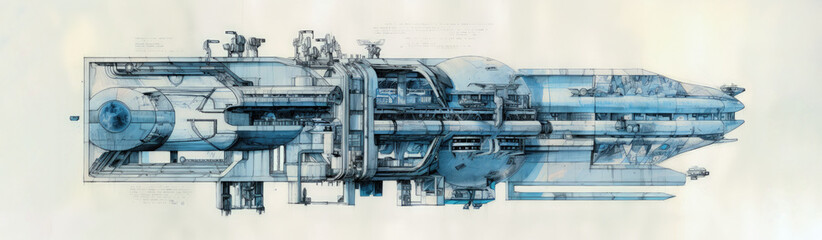sci-fi style space station cross section drawing in ink.
Draft or design plan type drawing. wide format. Genarative AI. 