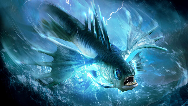 A predatory flying fish with electric whiskers, large bulging eyes and a toothy mouth like a piranha, it flies in a storm over the sea accumulating lightning discharges. 2d fantasy art art