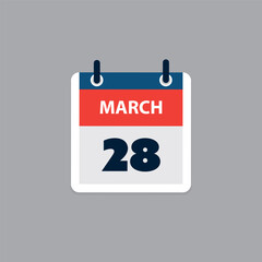 Simple Calendar Page for Day of 28th March - Banner, Graphic Design Isolated on Grey Background - Design Element for Web, Flyers, Posters, Useful for Designs Made for Any Scheduled Events, Meetings