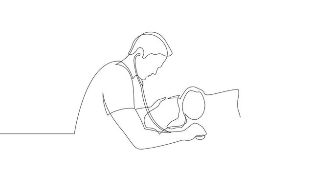 Animation of an image drawn with a continuous line. The doctor examines the patient. The scene in the hospital.