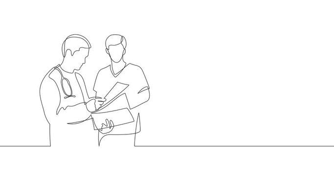 Animation of an image drawn with a continuous line. Two doctors are talking.