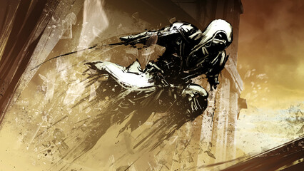 A blob assassin in a hood and mask epic jumps out of the window of a huge Gothic building in a whirlwind of fragments in the rays of sunset and streams of eastern desert dust. 2d expressive art