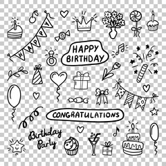 Happy birthday hand drawn set. Birthday Party and celebration design balloon, gifts, fireworks, ribbon, cake and drinks. Vector illustration isolated on transparent background. EPS 10