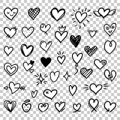 Set of hand drawn heart. Collection of doodle sketch hearts hand drawn with black ink. Vector illustration isolated on transparent background. EPS 10