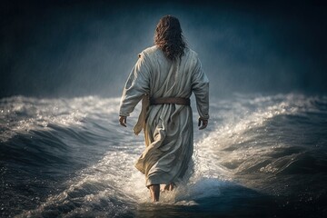 Miraculous Moment: Jesus Walking on Water. Concept. Generative AI. - obrazy, fototapety, plakaty