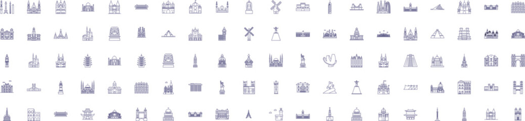 Landmarks line icons signs set. Design collection of Monuments, Statues, Structures, Buildings, Palaces, Ruins, Temples, Architecture outline concept vector illustrations