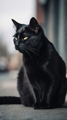 Black Cat on the side of a road looking. Generative AI.