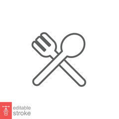 Spoon and fork icon. Simple outline style. Silverware, kitchen, cutlery, table, restaurant concept. Thin line symbol. Vector illustration isolated on white background. Editable stroke EPS 10.