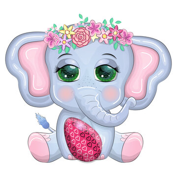Cute cartoon elephant, childish character with beautiful eyes holding easter egg