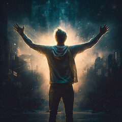 Fototapeta na wymiar A man shrouded in mystical light raises his hands up. High quality illustration