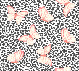 Pink butterflies on leopard skin pattern, seamless illustration for fashion, fabric and background designs