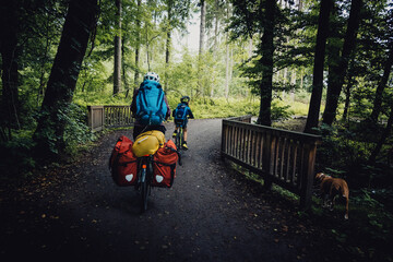 Mutter und Sohn radeln durch einen Wald während einer Fahrradtour durch Niedersachsen in den Sommerferien, Deutschland