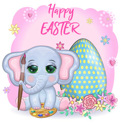 Cute cartoon elephant, childish character with beautiful eyes holding easter egg